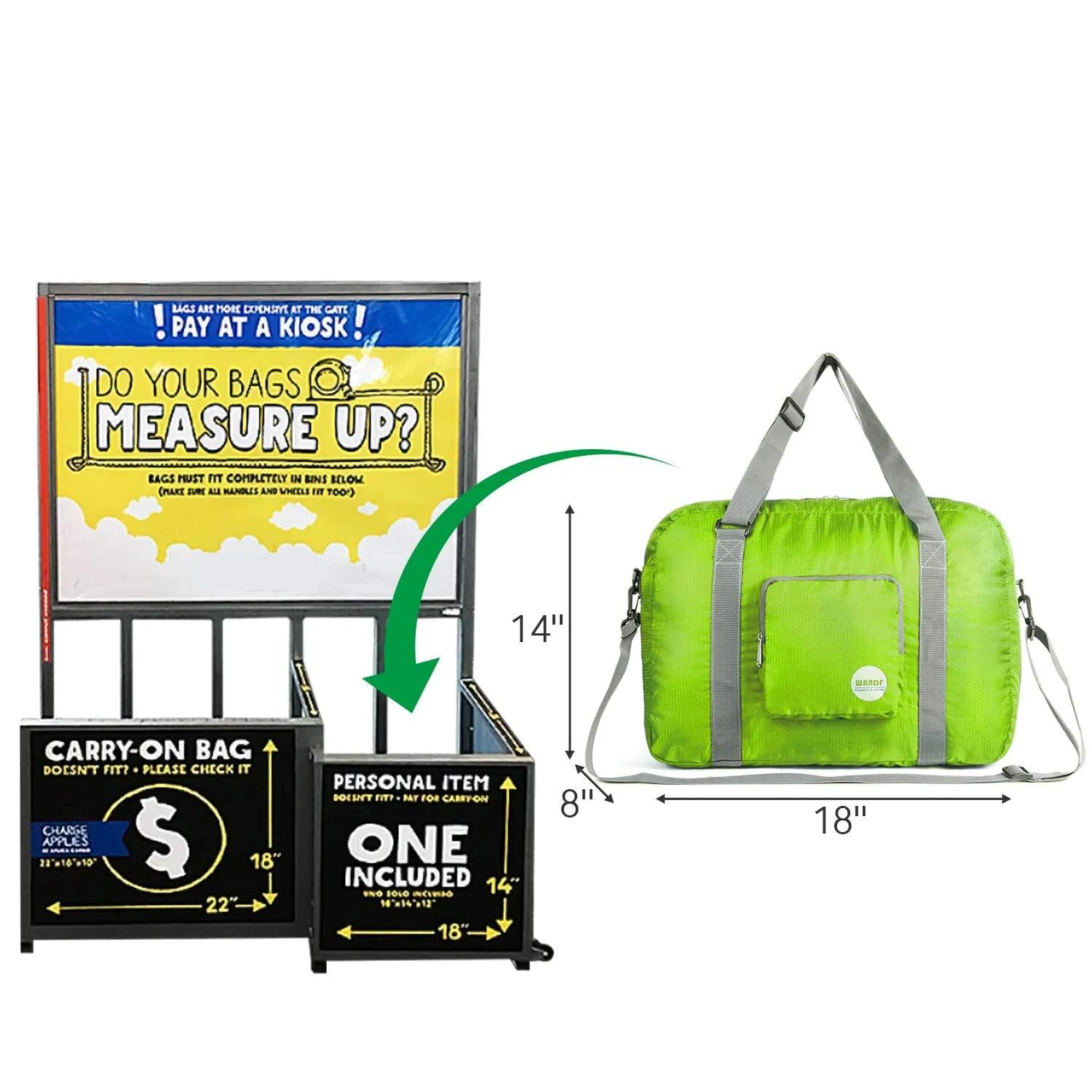 Wandf Foldable Travel Duffel Bag Luggage Sports Gym, Green